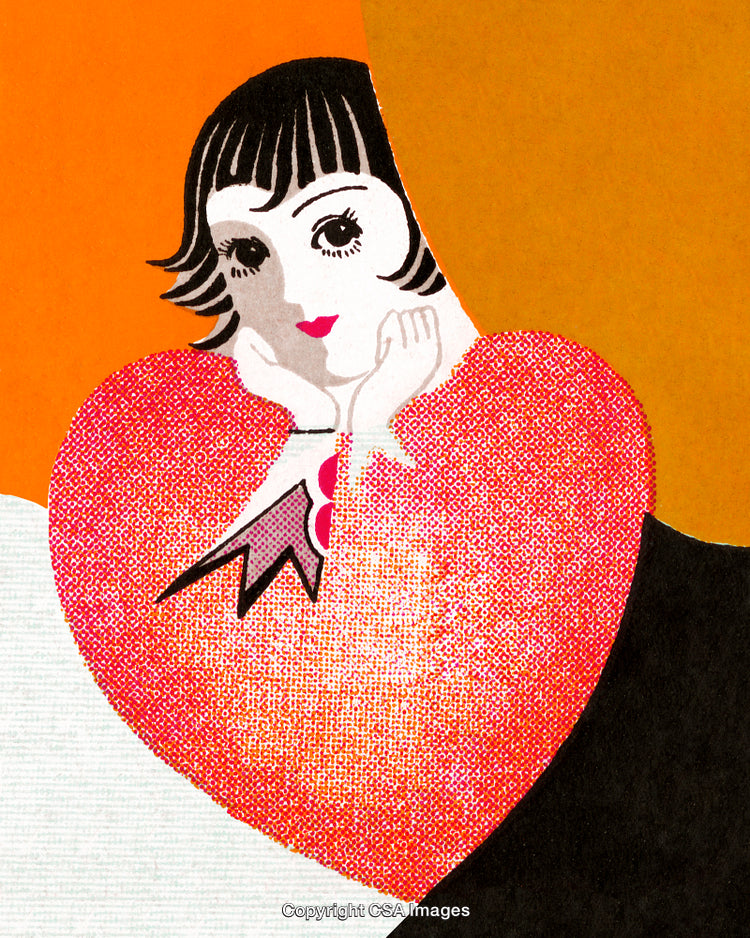 Stylized Illustration of a Woman with Vibrant Heart Motif Design