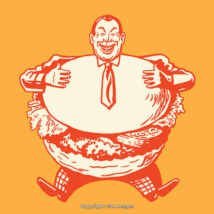 Colorful Retro Illustration of A Businessman Embracing a Giant Hamburger