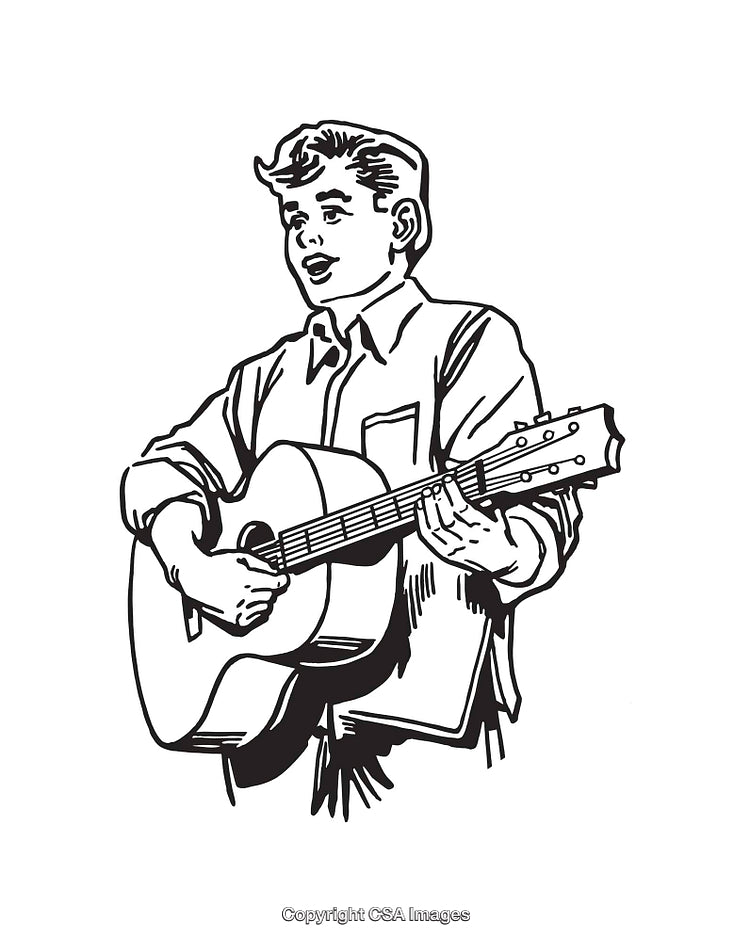 Black And White Line Art of a Boy Playing Acoustic Guitar