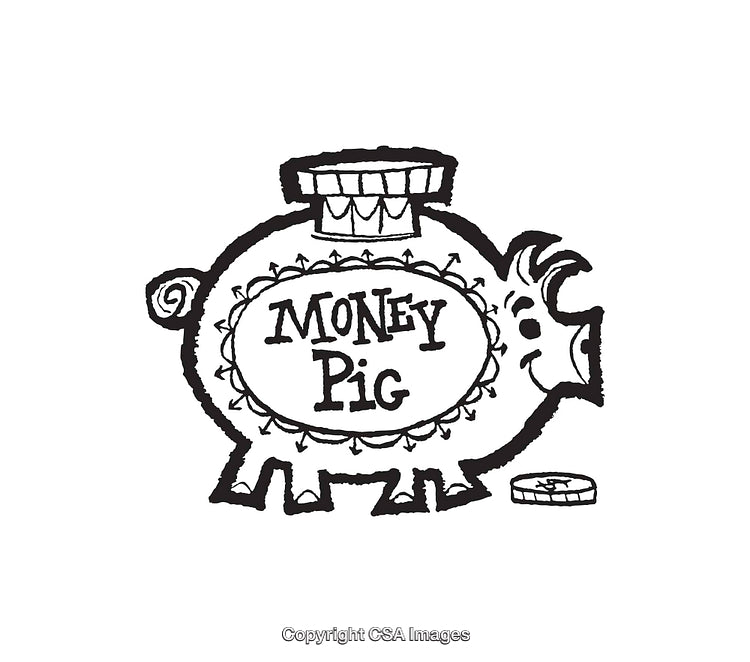 Whimsical Black and White Line Art of a Decorated Piggy Bank