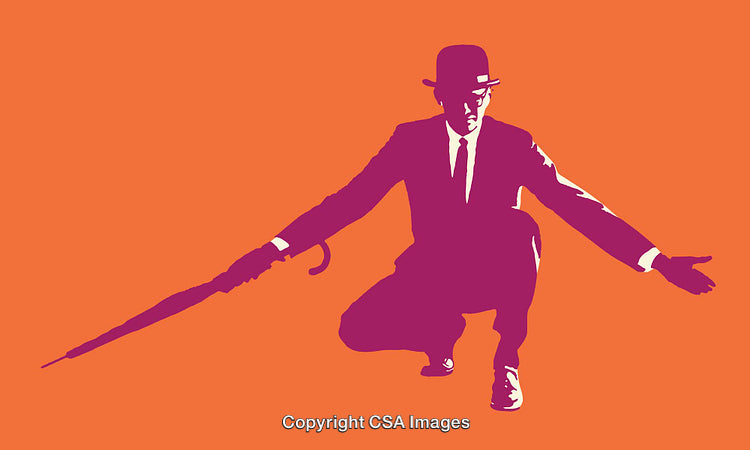 Bold Silhouette of a Stylish Man with Umbrella in Vibrant Colors