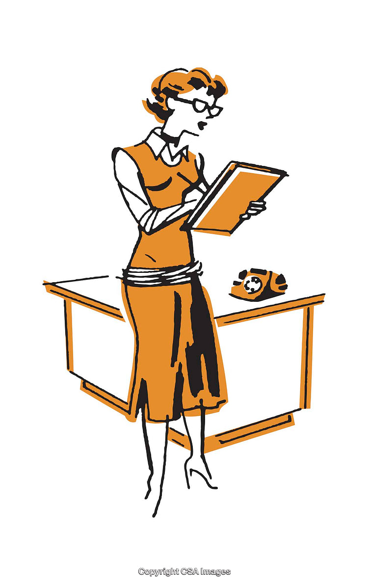 Retro Illustration of a Woman Standing at a Desk with a Tablet