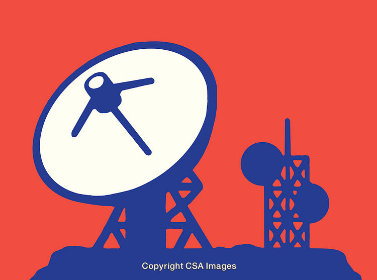 Illustrative Satellite Dish and Communication Tower in Bold Color Scheme