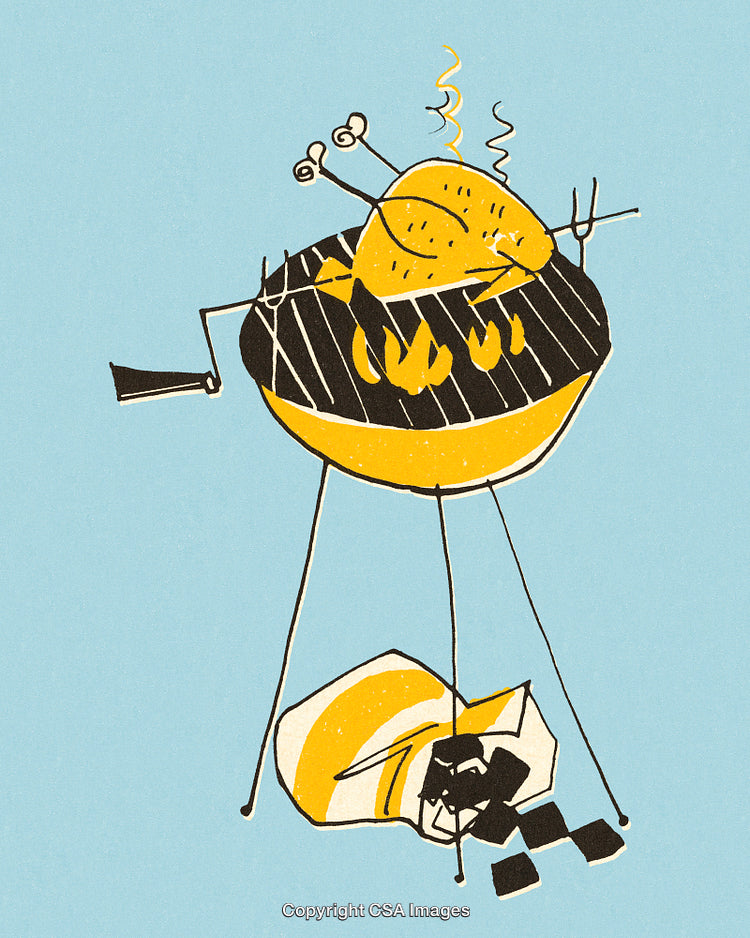 Humorous Illustration of Chicken Cooking on Barbeque Grill With Colorful Design