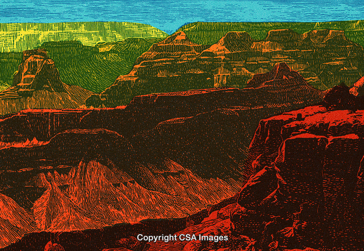 Abstract Illustration of Canyon Landscape with Vibrant Colors and Bold Patterns