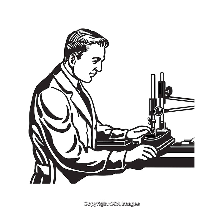 Scientist Operating Laboratory Instrument in Detailed Black and White Line Art
