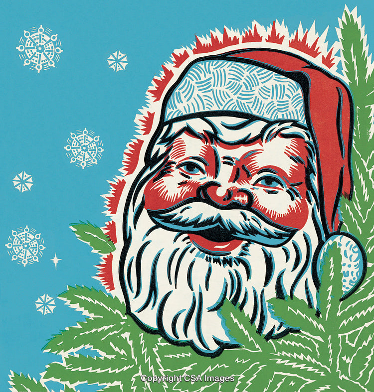 Vintage Santa Illustration with Holiday Snowflakes and Decorative Leaves