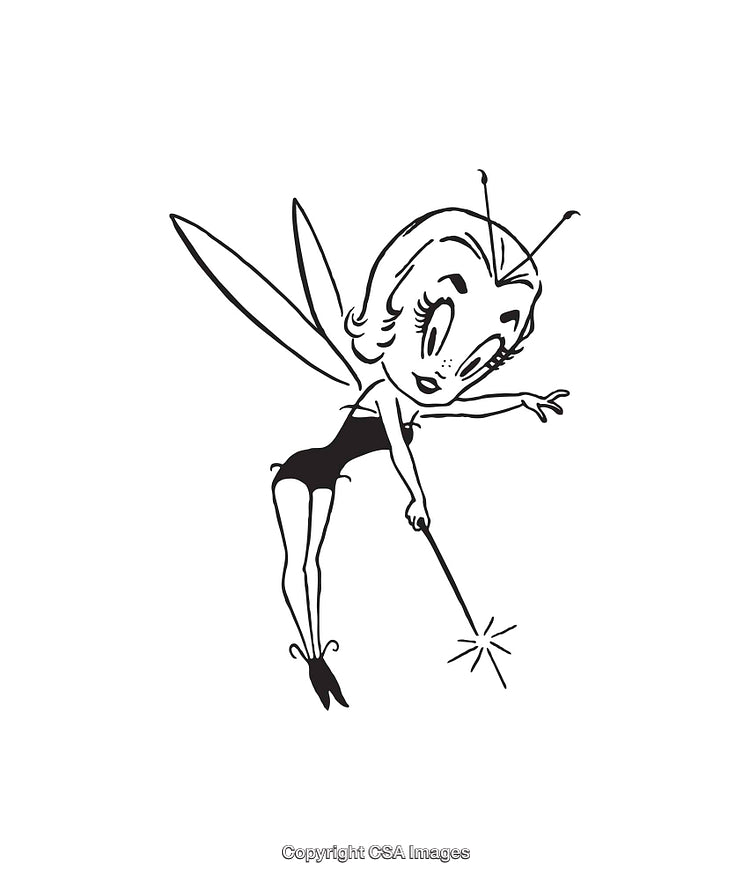 Vintage Black and White Fairy Illustration with Magic Wand