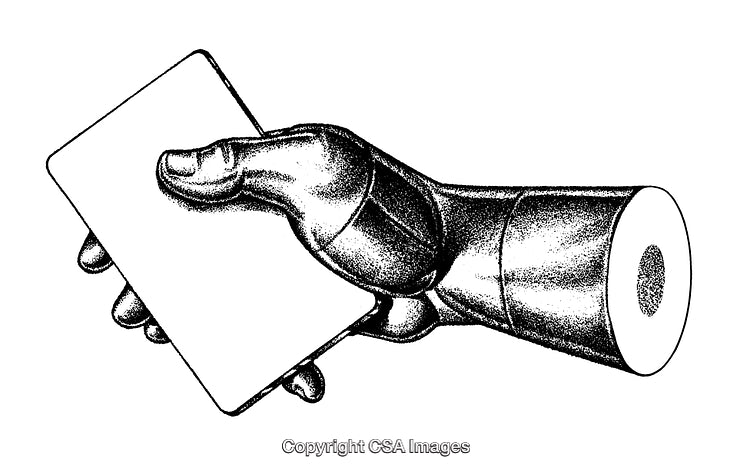 Detailed Black and White Engraving of a Robot Hand Holding a Card