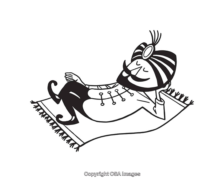 Traditional Emblematic Figure Reposing on a Decorative Carpet in Line Art