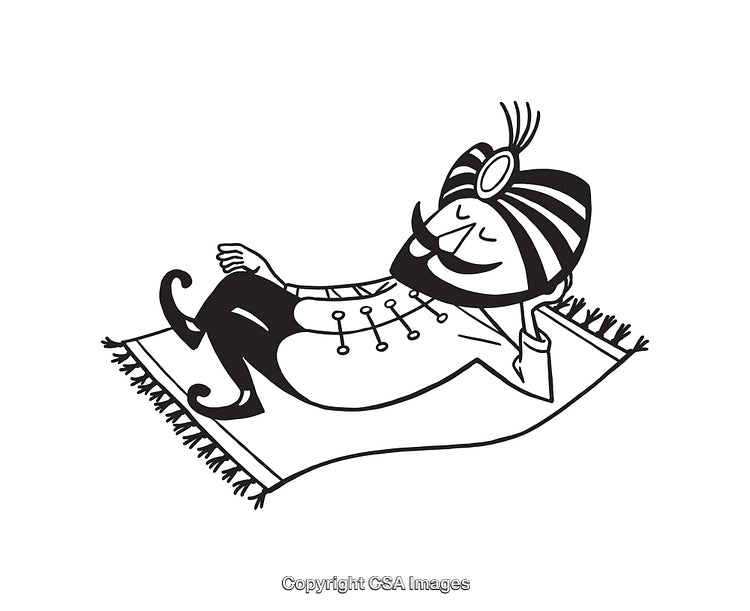 Traditional Emblematic Figure Reposing on a Decorative Carpet in Line Art