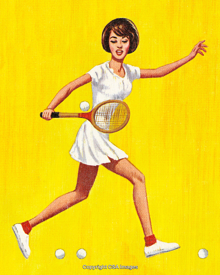 Vintage Illustration of a Female Tennis Player on Yellow Background