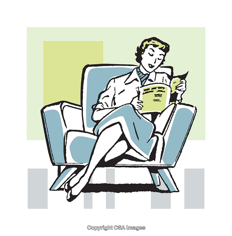 Retro Illustration of a Woman Relaxing in an Armchair Reading a Book