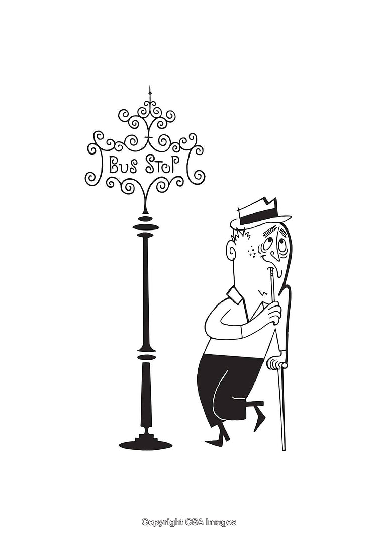 Black and White Line Art of a Person Waiting at a Bus Stop