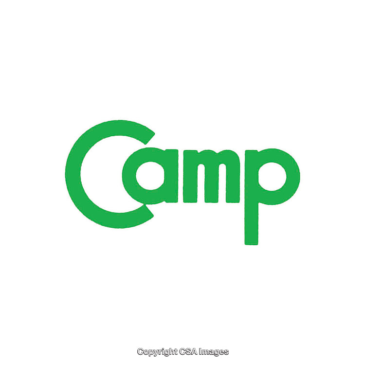 Simple Green Text Design Spelling the Word Camp on White Background