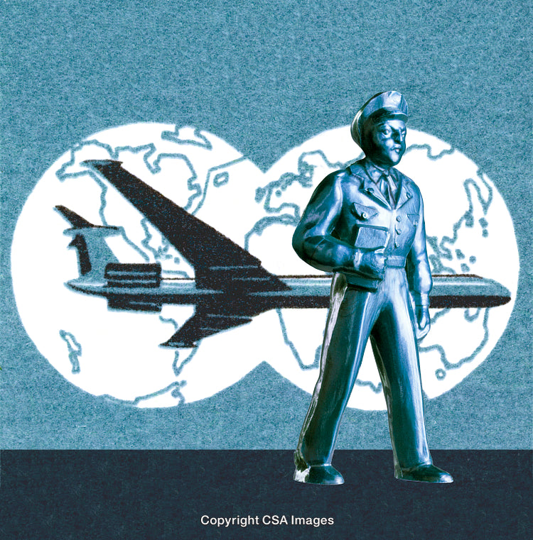 Illustration of Air Force Pilot Figure with Airplane and Globe Background