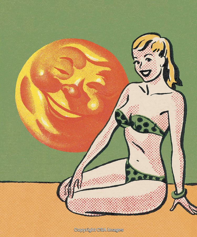 Pop Art Style Illustration of Woman in Bikini with Sun Background