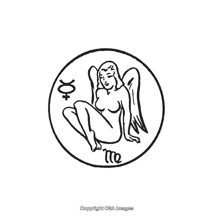 Detailed Black And White Line Art Illustration of a Zodiac Angel