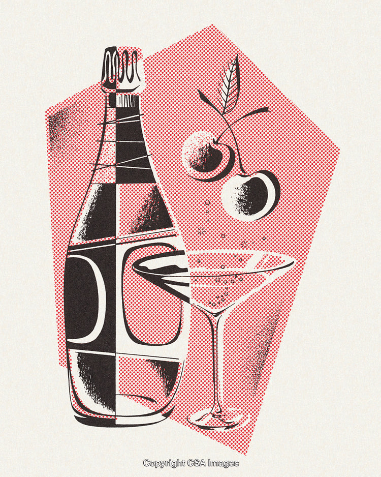 Stylized Graphic Depiction of a Champagne Bottle, Martini Glass, and Cherries