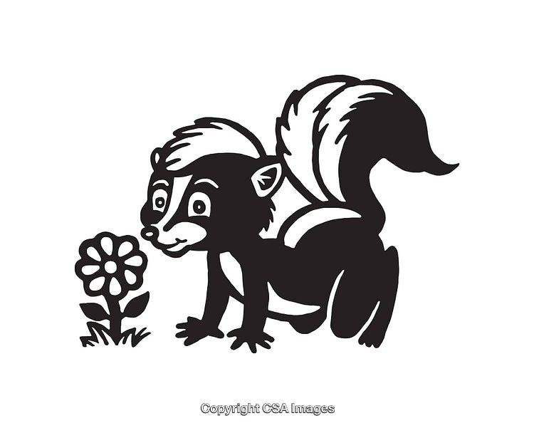 Black and White Line Art Illustration of a Skunk with a Flower