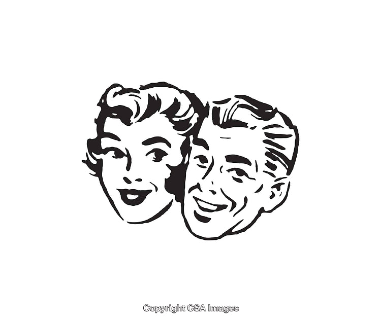 Retro Style Smiling Couple Line Art Illustration in Black and White