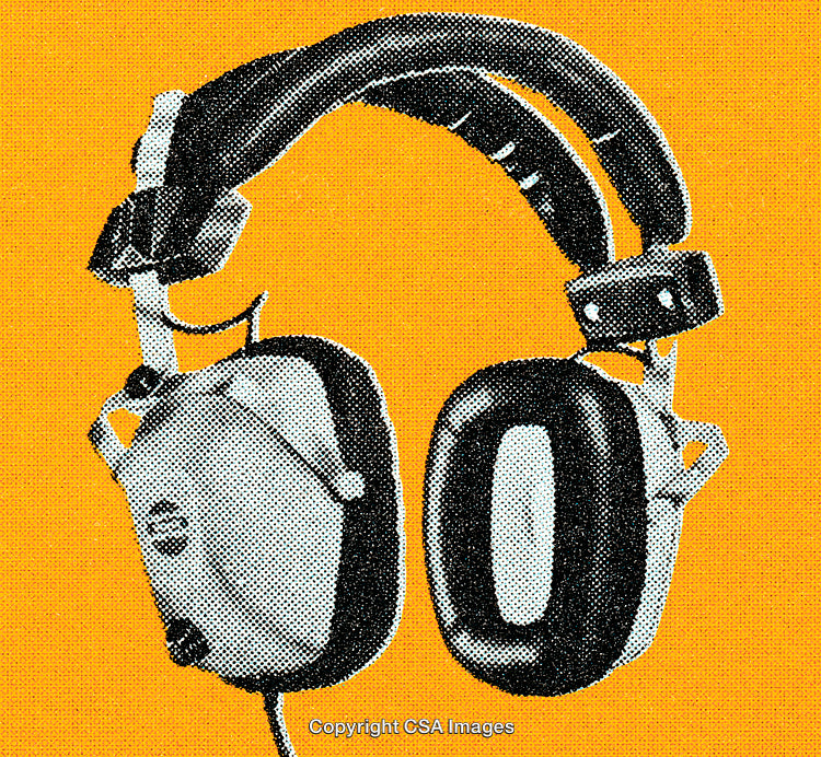 Vintage Style Headphones Artwork on Vibrant Yellow Background with Dot Screen Effect