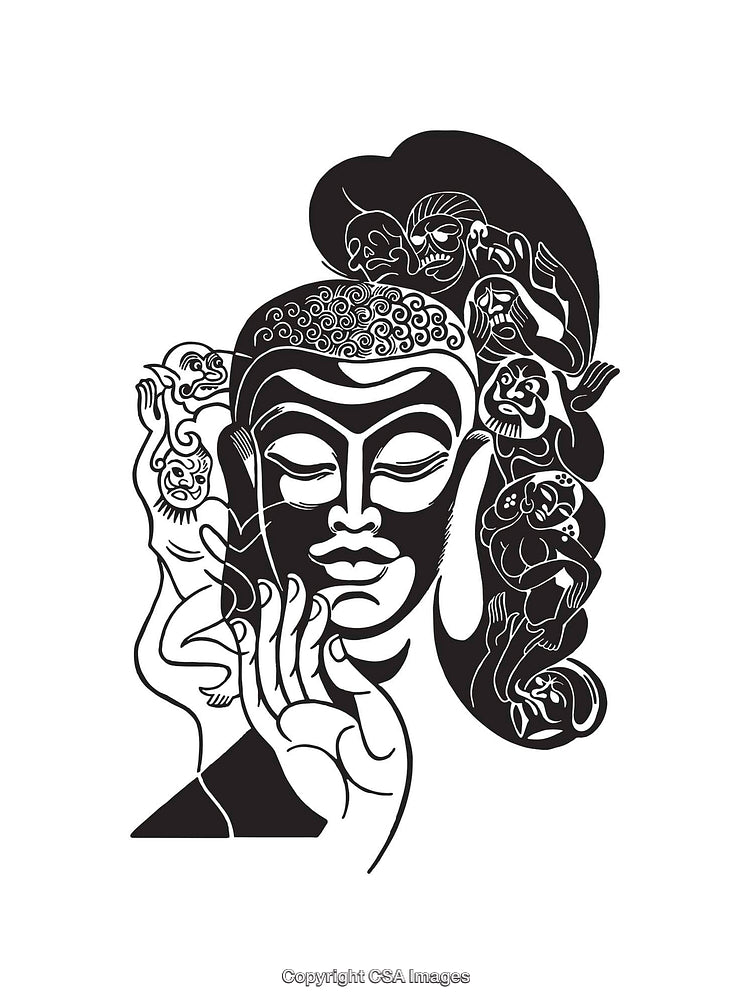 Black and White Line Art Illustration of Buddha with Detailed Patterns