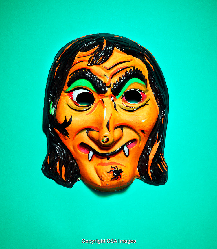 Brightly Colored Witch Mask Against a Vibrant Teal Background