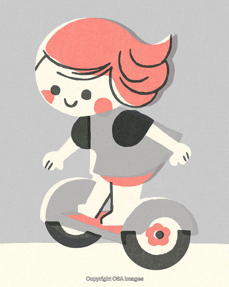 Playful Cartoon Character Riding a Unicycle on a Minimalist Background