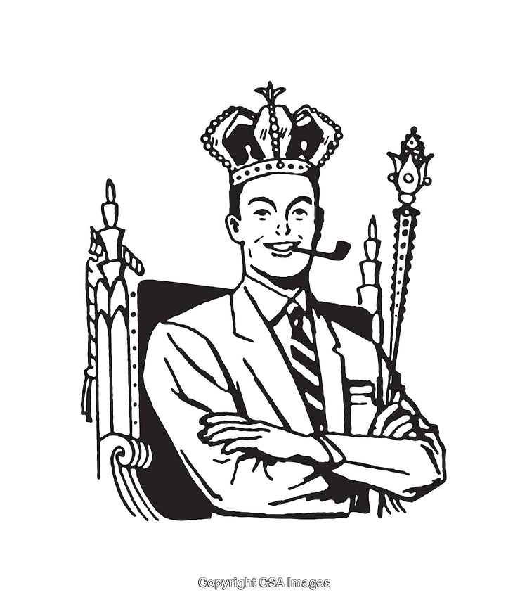 Black and White Illustration of a Regal Man in a Suit with a Crown