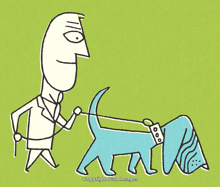 Playful Cartoon of Man Walking Dog on a Green Background