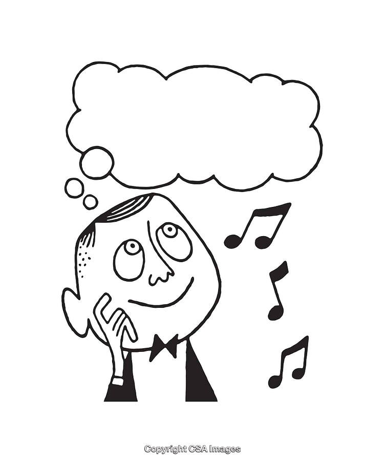 Man Thinking of Music with Speech Bubble in Line Art Drawing