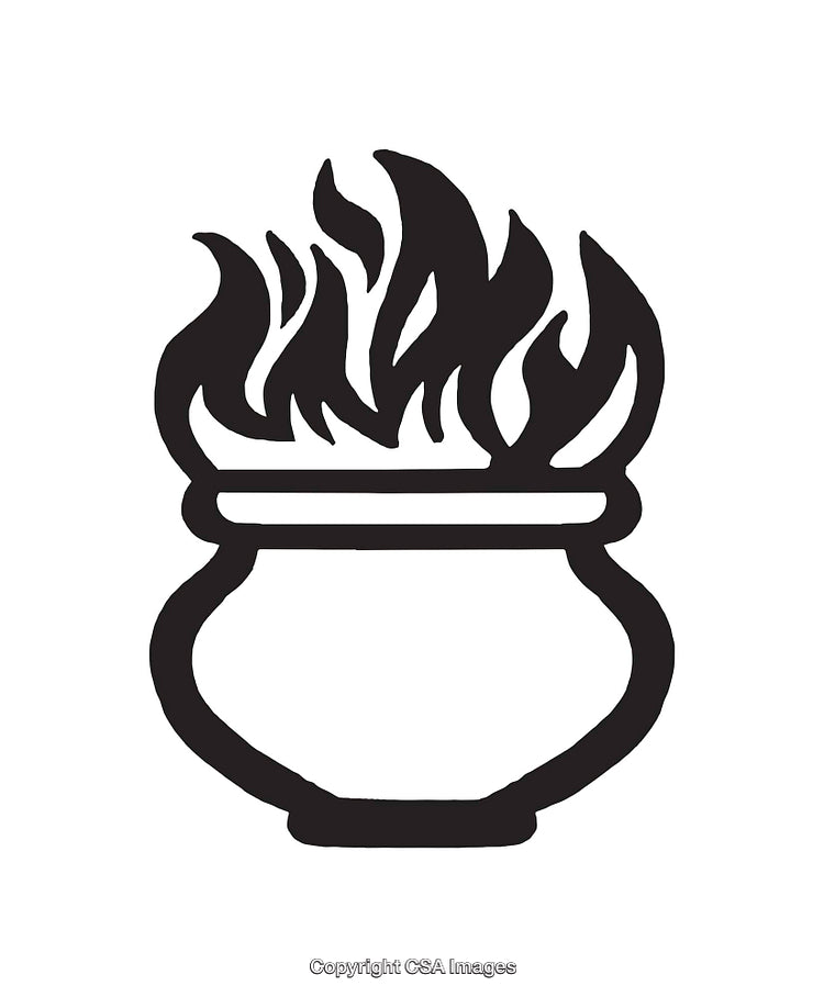 Black and White Line Art Illustration of a Flaming Cauldron Symbol