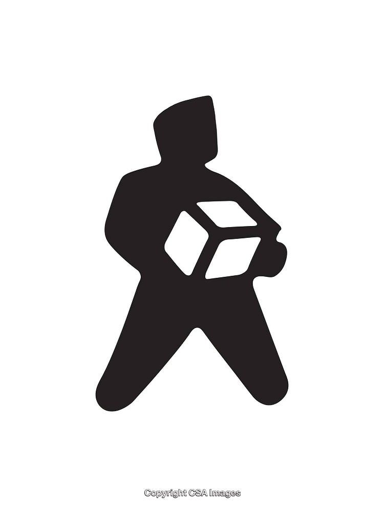 Silhouetted Figure Holding a Cube in Minimalist Black and White Design