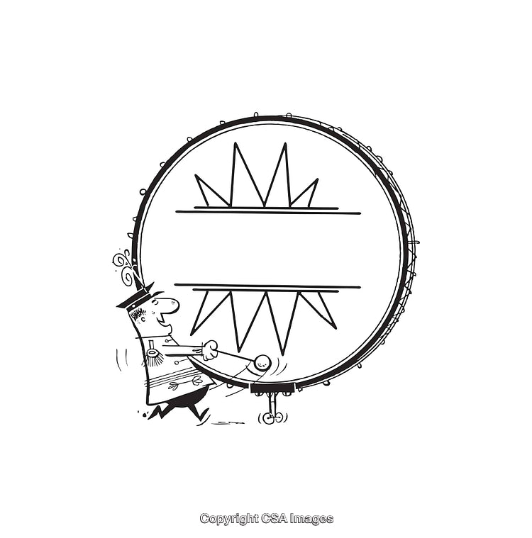 Cartoon Drum Player Operating A Decorative Musical Instrument in Line Art Style