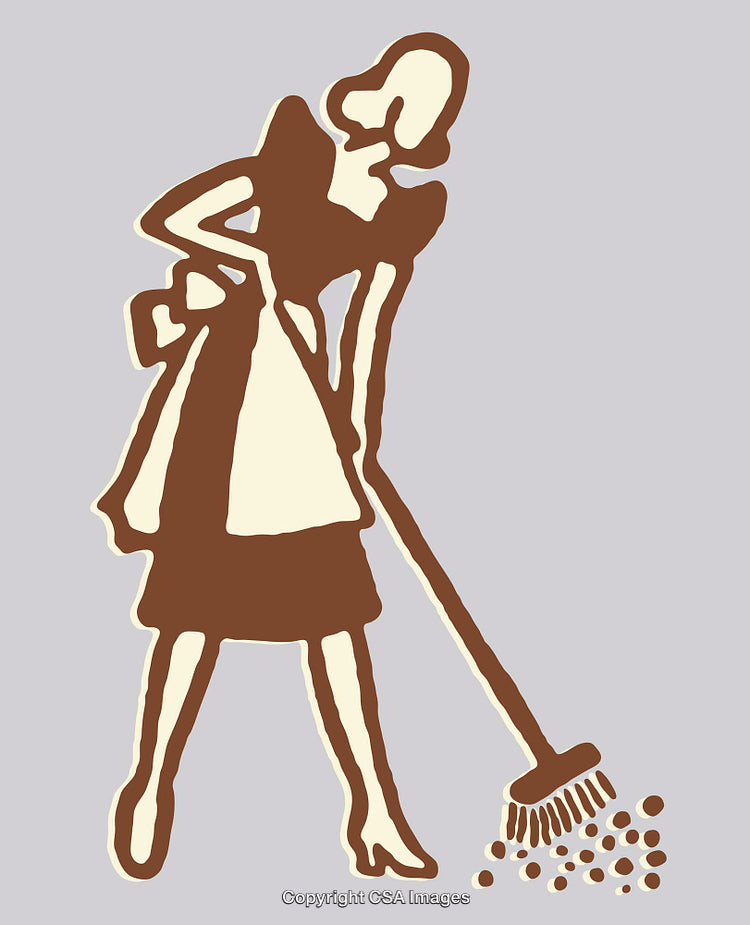Abstract Line Art of Woman Sweeping in Vintage Style Illustration