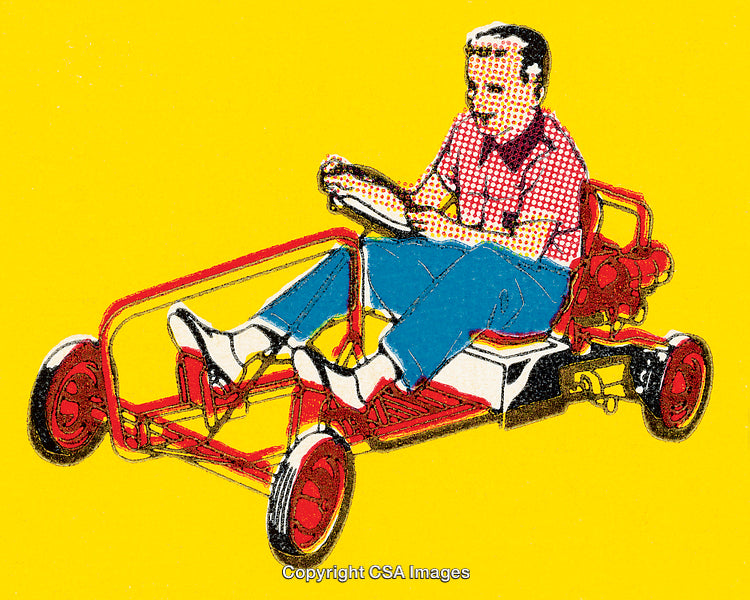 Illustrated Man Driving a Red Go-Kart Against Bright Yellow Background