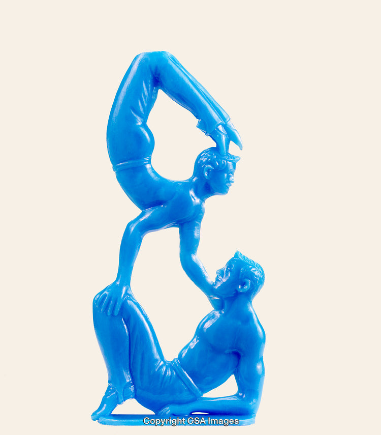 Blue Plastic Sculpture Depicting Acrobatic Duo in Elegant Pose