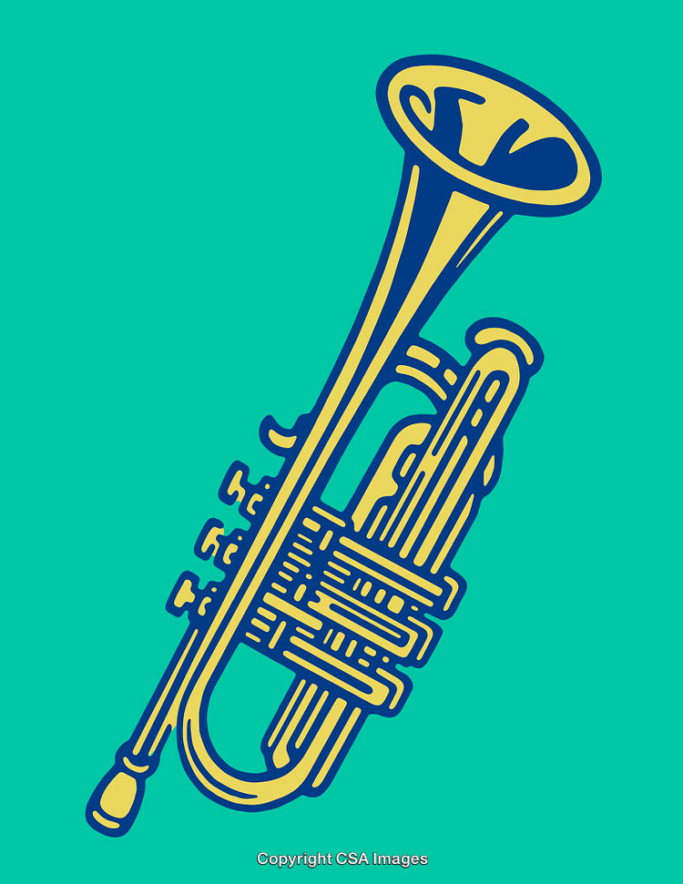 Detailed Color Line Art Illustration of a Brass Trumpet on a Teal Background