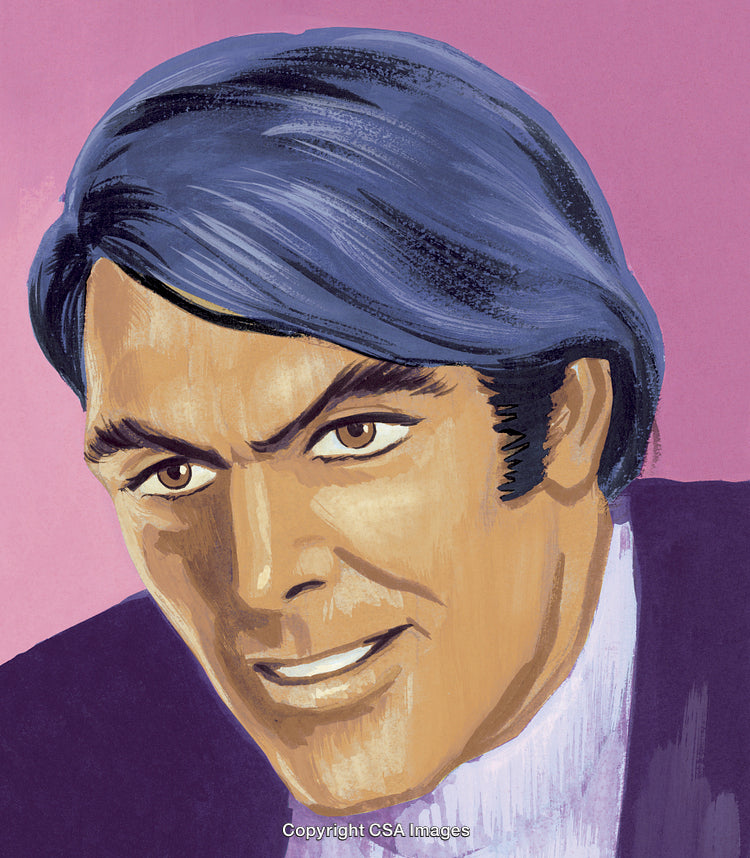 Illustrated Portrait of a Man with Expressive Facial Features on Pink Background