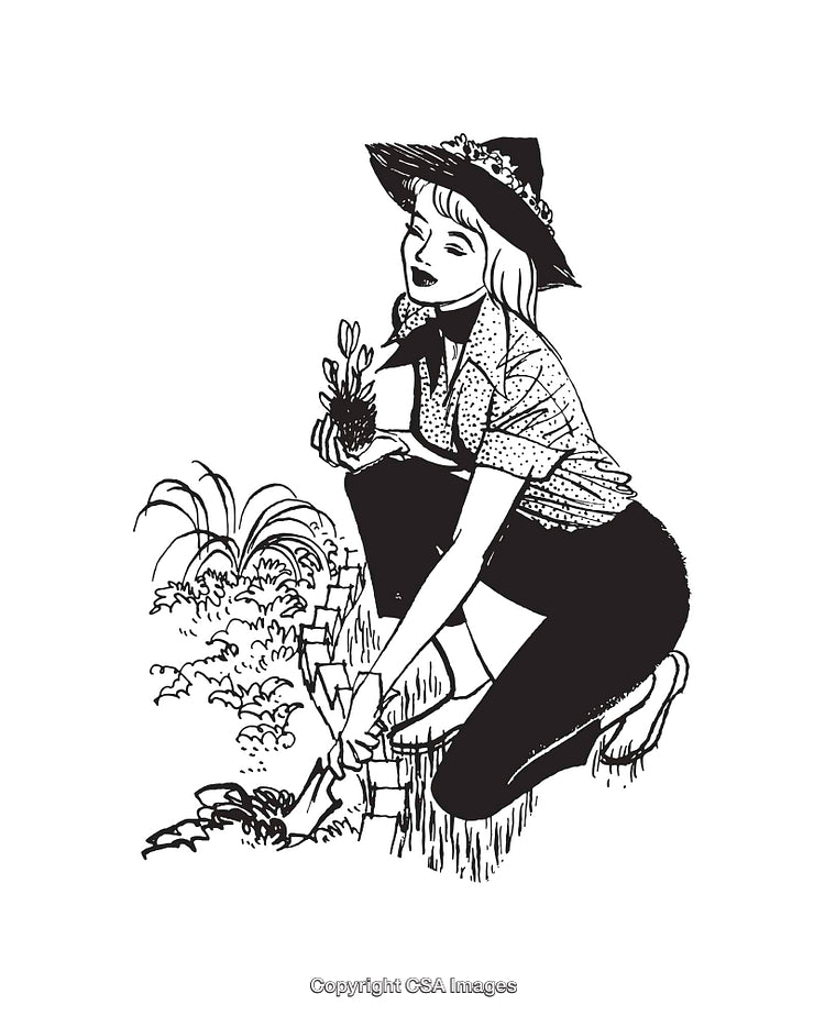 Woman Gardening with Floral Hat in Black and White Line Art Illustration
