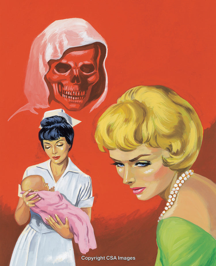 Dramatic Illustration Depicting Nurse, Baby, and Mysterious Skeletal Figure