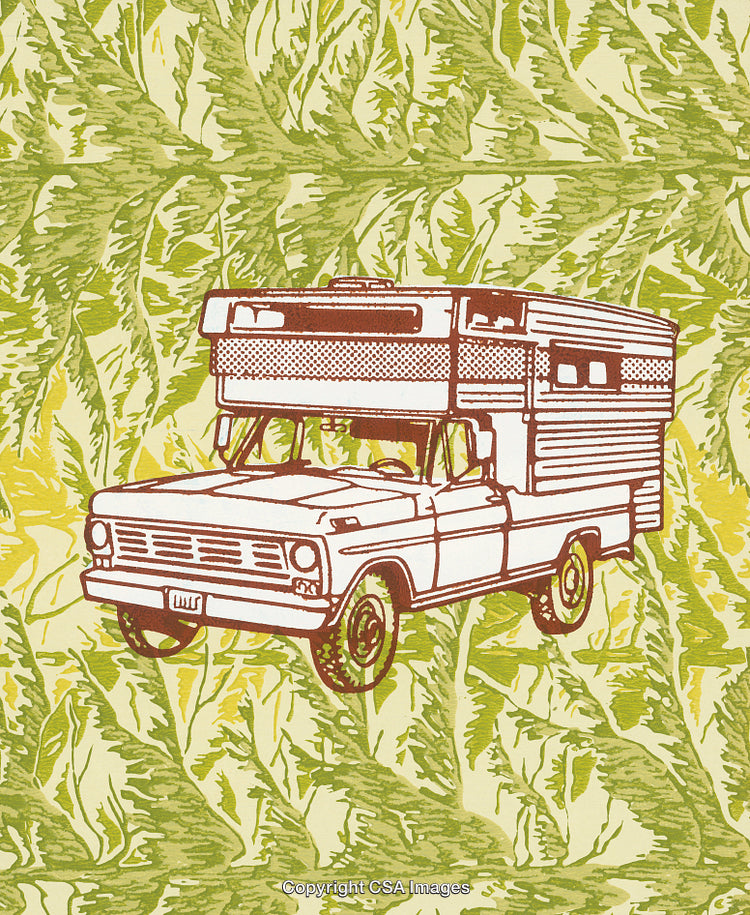 Retro Style Camper Truck Artwork on Vibrant Leaf Background