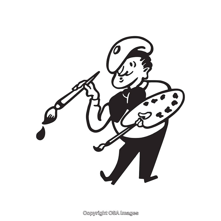 Black and White Line Art of a Happy Artist Creating Artwork