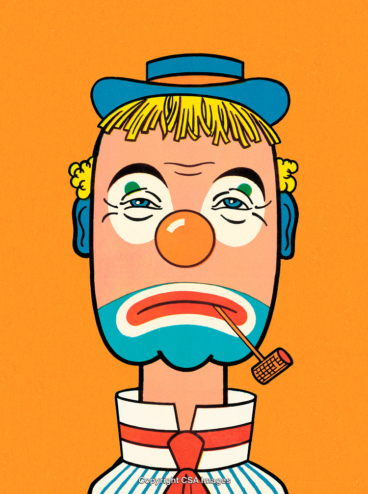 Vintage Styled Retro Clown Illustration with Bold Colors and Quaint Expression