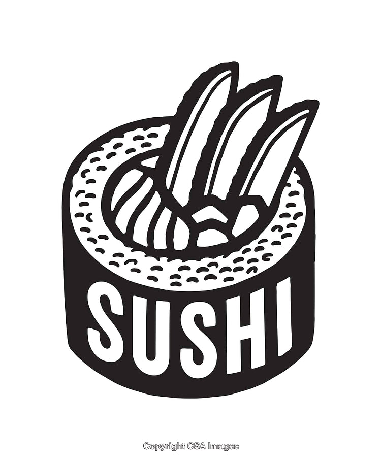 Black and White Sushi Roll Artwork With Line Art Illustration