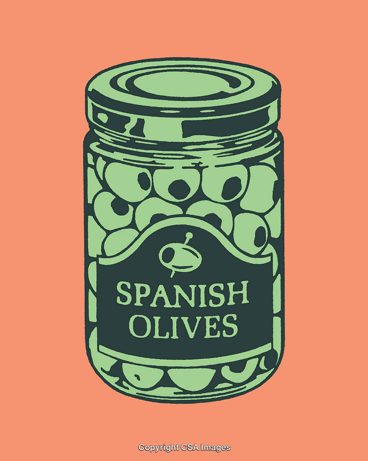 Vintage Illustration of a Jar of Spanish Olives in Bold Colors