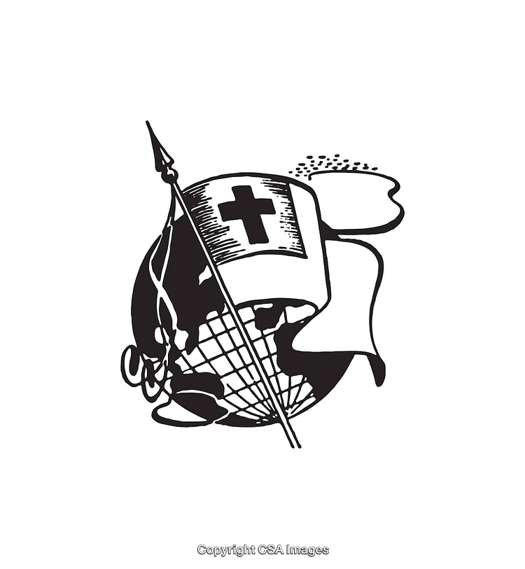 Black and White Illustration of a Cross-Adorned Flag on a Globe Icon