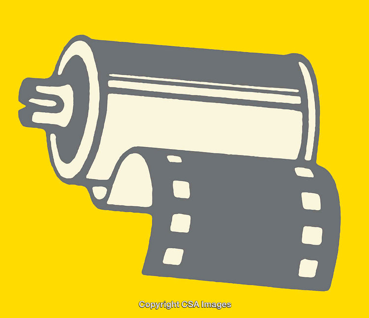 Yellow Background Illustration of a Gray Film Roll With Filmstrip