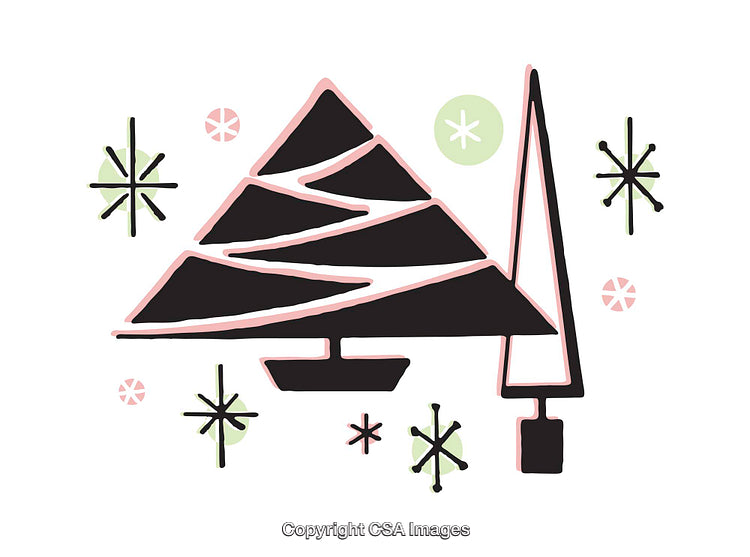 Abstract Illustration of Modern Christmas Trees with Snowflake Accents